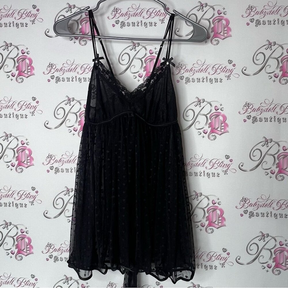 La vie en rose heart print mesh bling rhinestone ribbon 🎀 Black Lace Nightgown